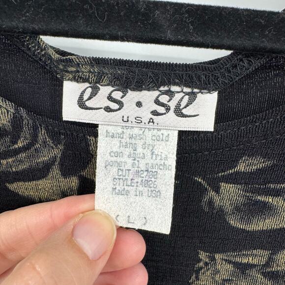 VTG Y2K Es Se Dark Floral Top Shirt L Black Slinky Knit Long Sleeve Witchy Vamp - Picture 7 of 8